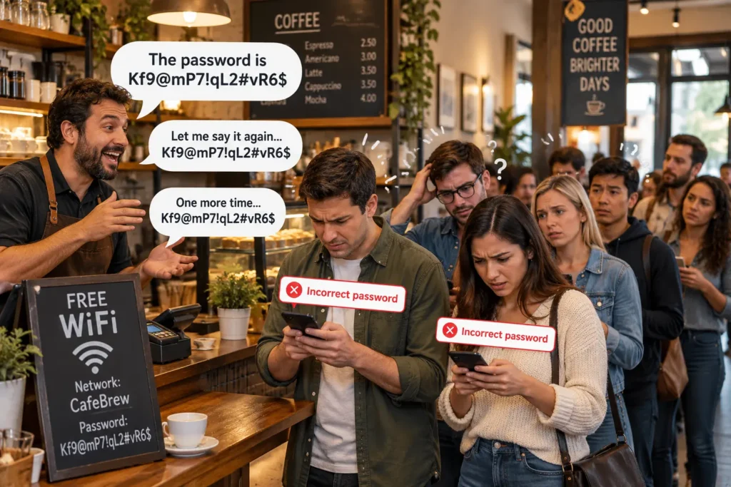 WiFi QR code generator helps café guests avoid typing a long WiFi password and connect by scanning.