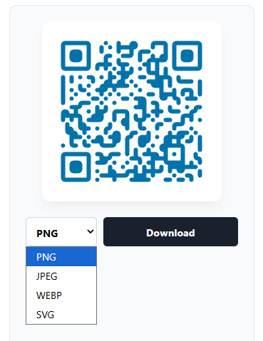 WiFi QR code generator export sizes and PNG, JPEG, WEBP, SVG formats