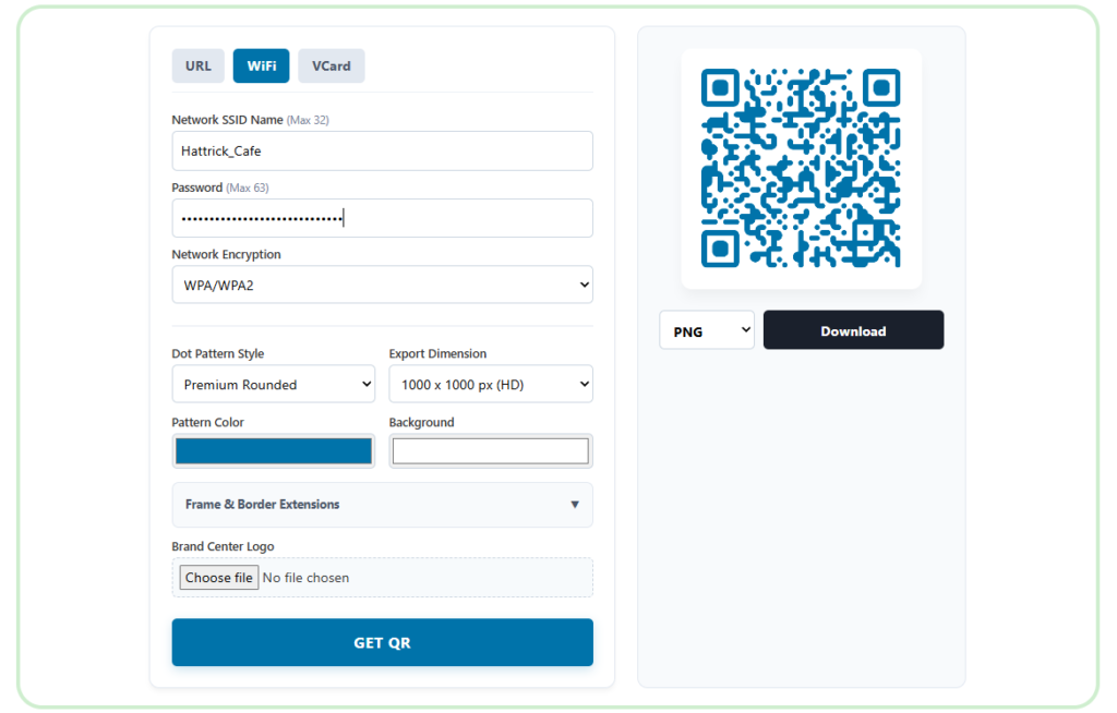 WiFi QR code generator form with SSID, password and encryption fields