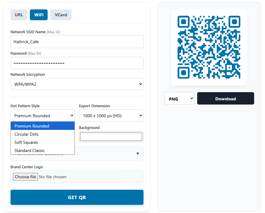 WiFi QR code generator dot pattern styles including premium rounded and circular dots